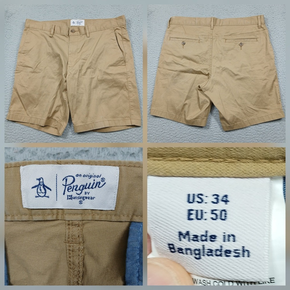 Original Penguin Chino Shorts Mens 34 Khaki Tan Casual Cotton Flat Front - Picture 2 of 11